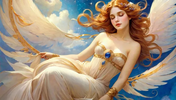 Zyrri, la beauté éthérée des nuages, glisse dans le ciel avec grâce et élégance. Sa robe bat comme un voilier dans une douce brise, et ses cheveux coulent comme une rivière d'or filé. Au-dessus d'elle