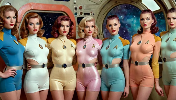 La meilleure image de la jeunesse avec des vues multiples et des jeunes filles multiples est un style futuriste rétro. Il dispose d'une fille de 20 ans avec des vues multiples, y compris son visage souriant, des vêtements coupés, et la bande du corps asymétrique