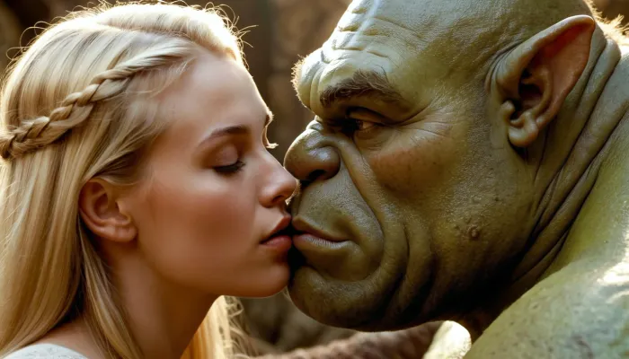 The blonde girl was scrolling through her phone when she came across a picture of an ogre with a big, bulging package. She couldn't wait to experience the power of his giant penis firsthand