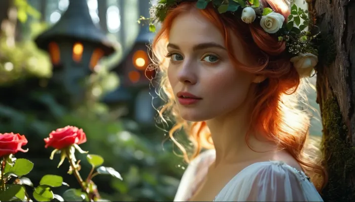 In una foresta mistica, una donna materna con i capelli rossi di rosa guarda con amore al suo bambino mentre si crogiola nel bagliore fata di una foresta fata. I suoi occhi sono scuri e pieni di emozione mentre tiene il suo bambino vicino al suo cuore