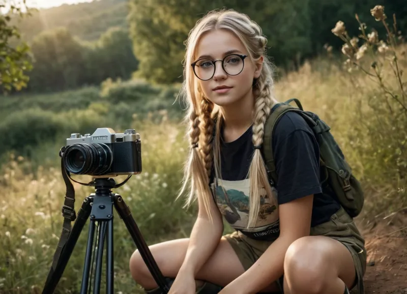 Ein nettes Mädchen in der Naturfotografie verwendet eine Mini-Kamera auf ihren Slings, um schöne Fotos eines niedlichen Tieres mit ihrer AI-powered Kamera zu machen. Sie trägt ein Mini-Last Shorts und T-Shirt, hat lange Flechtigkeiten in ihren Haaren, voll