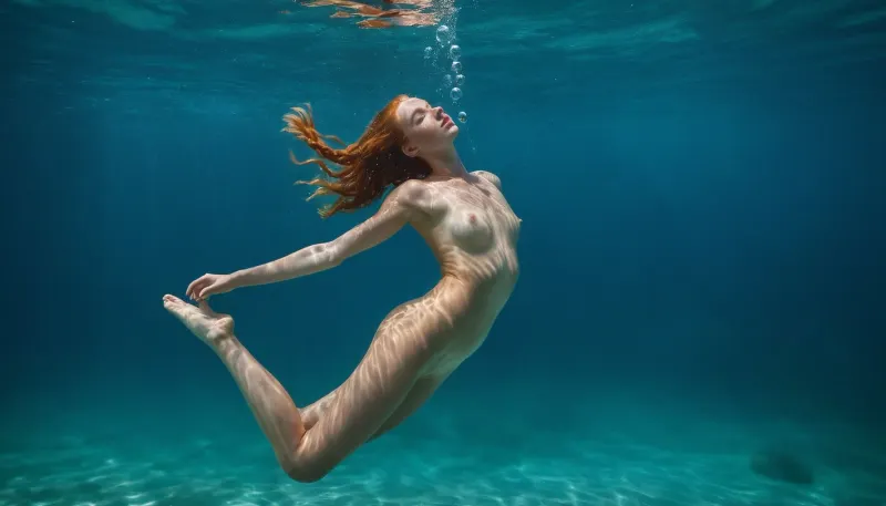 Eine junge Frau, mit langen Ingwerhaaren und Frackles auf ihrem Gesicht, tauchte im klaren blauen Wasser unter Wasser. Sie trug einen Bikini, der ihre Kurven beschleunigte und ihre gebräunte Haut hervorhob. Als sie unter dem Wasser schwammelte,