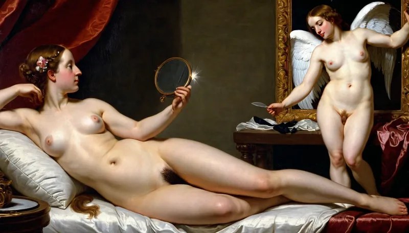 画中描绘了一个裸体的金星,在她面前有一面镜子,把镜子抱在她脸上. 她在镜子里看着自己 欣赏她的反射 画中描绘了金星的色情和感性人物,与Cup