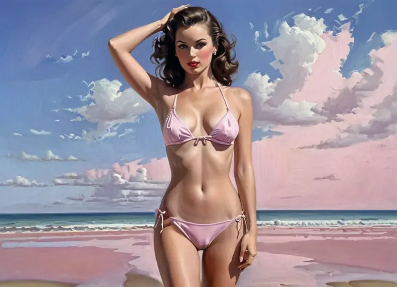 La peinture à l'huile est une superbe représentation d'une femme bikini style des années 80 avec de longs cheveux droits, des images complètes du corps, et un cadre de plage détaillé. L'utilisation de la couleur est vibrante et accrocheuse, avec le bikini rose debout
