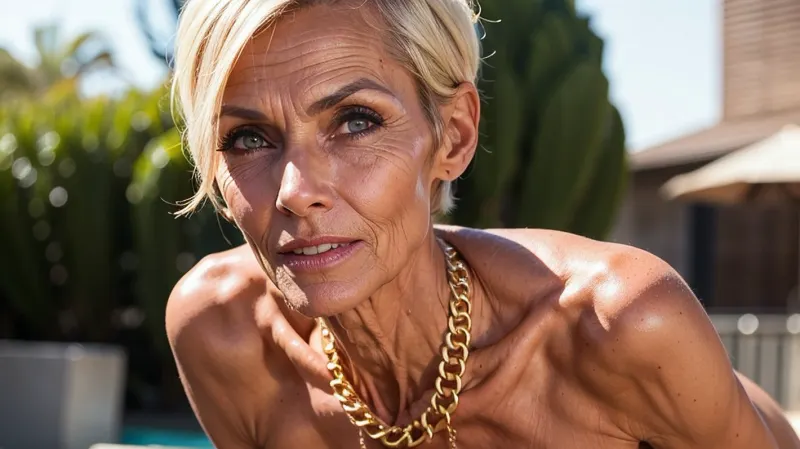 A 50-year-old naked scandinavian woman with the sinewy body of an extreme freeclimber, including legs and feet in barefoot sandals, whole body warm glow to the picture. She has high cheek bones, big eyes far