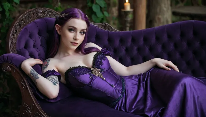 The AI woman with purple hair and tattoo on her shoulder was laying on a chaise longue, wearing a gothic dress and makeup. She had freckles on her pale skin and big breasts that were visible through the thin fabric of her dress