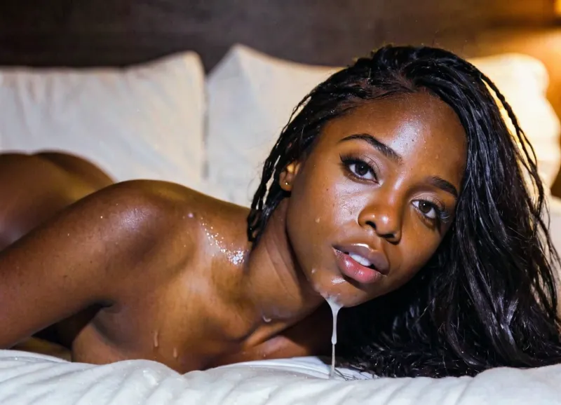 Sevimli bir ebony kız yatakta yatıyor, cum'da kaplı, vücuduna ve yüzünde dökülen tam bir kovayla. Resim seksi ve erotik, kızın vücut ışığıyla