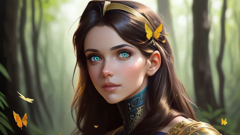 八千幅美丽的圆柱体的肖像画,有着棕色的头发,复杂,优雅,高度详细,雄伟和数字摄影,是一幅超现实的画,捕捉了圆柱体破碎玻璃的美. 人工智能生成的黄金蝴蝶页文字