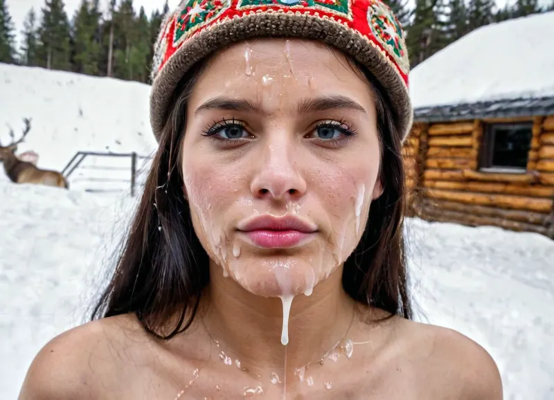 La mujer Sámi con sombrero tradicional Sámi, nariz redondeada amplia que es ancha en la base, tono de piel caliente, pómulos altos y pronunciados, los ojos azules en forma de almendra con pliegue epicánico en su frente y una mandíbula suave