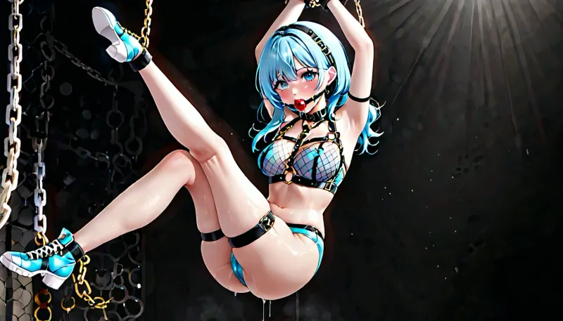 空気に少女が止まり、腕と足が鎖で縛られています。 ボールガグで顔のハーネスを着用し、目は青の魚網のクロップトップで覆われています。 部屋が静かに点灯し、彼女はすることができます