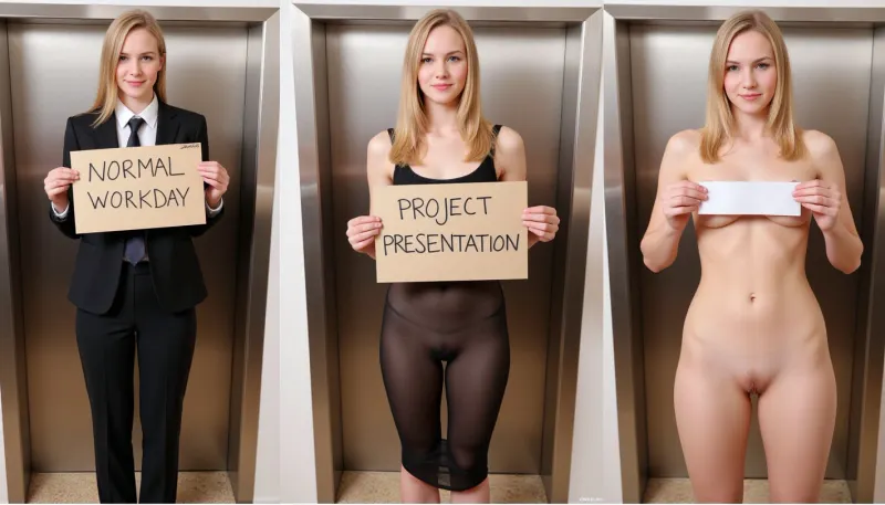 side-by-side three pictures of a young Norwegian, slim, woman, with blonde hair, standing in front of a lift. On the first picture on the left she wears a formal pantsuit, and holds a handmade sign with text "NORMAL WORKDAY". On the second picture in the middle she wears a black transparent dress, black see-thru dress, and holds a handmade sign with text "PROJECT PRESENTATION". On the third picture on the right she is completely naked, nude, and holds a handmade sign with text "ASKING FOR SALARY INCREASE".