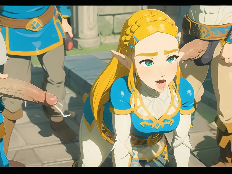 full body, solo girl, zelda\, (princess\), <lora:zelda_v2:.5>, On her knees, Zelda lets his comrades wank her to refresh herself, Zelda is very excited and masturbates while she gets the sperm in her mouth, Her comrades stand in a circle around her and hold their penises in front of her, botw, style, <lora:botw_style_offset:.5>, bukkake, <lora:bukkake_v0.4:.5>, projectile, cum, <lora:projectile_cum_v0.2:.5>, multiple, penises, boys, surrounded, too, many, gangbang, <lora:multiple_penises_v0.4:.5>, ahegao, <lora:ahegao_v0.3:.5>