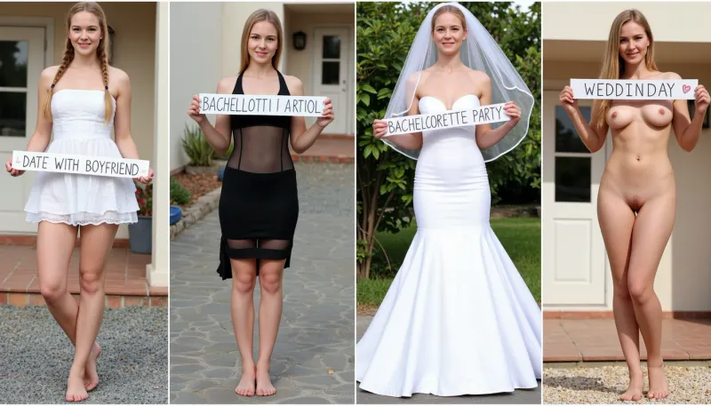 side-by-side four pictures of a young German, slim, woman, with blonde hair, french braid, standing in front of an house. On the first picture on the very left she wears a short ruffled dress, and holds a handmade sign with text "DATE WITH BOYFRIEND". On the second picture left from the middle she wears a short black transparent dress, and holds a handmade sign with text "BACHELORETTE PARTY". On the third picture right from the middle she wears a weddingdress and veil, and holds a handmade sign with text "WEDDINGDAY". On the fourth picture on the very right she is naked, nude, and holds a handmade sign with text "FUCKING THE NEIGHBOUR".