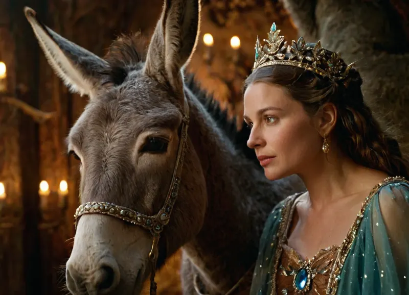 The queen of the fairies, with wings and a crown, stared lovingly into the eyes of a donkey. She stroked its fur and whispered sweet nothings to it. The donkey was entranced by her beauty and loyalty. It
