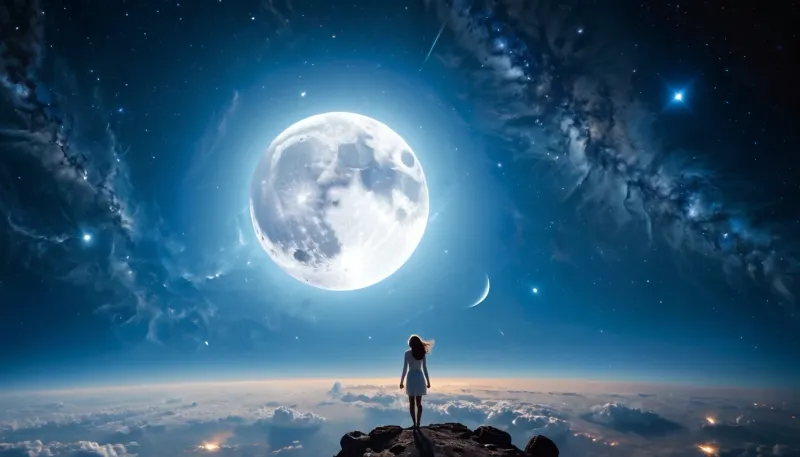 달은 밤하늘에 떠 다니는 정박한 도자기처럼 보입니다. 공간의 전망은 숨막히고 푸른 nebula에서 달빛이 가득합니다. 자연의 분위기는 풍경을 넘어, 뭔가 ominous는 lurking