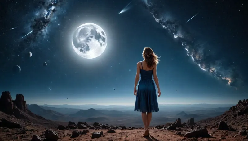 The picture shows a beautiful full moon floating in zero gravity, with the stars radiating from one imaginary point. A meteorite falls with paths radiating from one imaginary point, and a woman floating in zero gravity is shown in a side profile. The