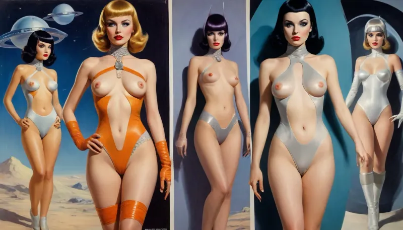 (style of old pulp scifi poster, Flat 2D Art, retrofuturism, very small perky tits, covered nipples:1.5), (side-by-side:1), side-by-side pictures of 18 year old slim sexy space princess wearing asymmetric avant-garde super tight space suit, (avant-garde asymmetric clothes:1.6), (wearing, futuristic, sexy, asymmetric, torn, cutout, exposing breast or pussy, lewd, intricate details, avant-garde, cutouts, cutoffs, lace, leggins, leotard, hotpants, uniform, suit, flightsuit, spacesuit, space_space, Avant-garde, edgbodytape), rank insignia, royal insignia, <lora:add-detail-xl:.5>, <lora:Space_clothes-xl-8:.5>, <lora:Avant-garde Fashion:.5>, <lora:edgBodytapeXL:.5>, <lora:weird_runway:.5>