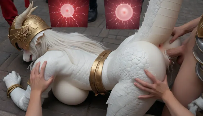 (white anthro dragon girl:2), (white long hair+white scale:1.2), (fit female+huge breasts:1.1), (gold knight armor+helmet:1.2), in medieval city street, top-down, bondage, doggy style, butt grab, anus spread, (human male), (vaginal sex+vaginal x-ray:1.1), (innie pussy:1.1), (overflowing cum:1.1), (impregnation), gangbang, (close-up+pussy focus+above view+side view:1.4), (angry+tears:1.2)