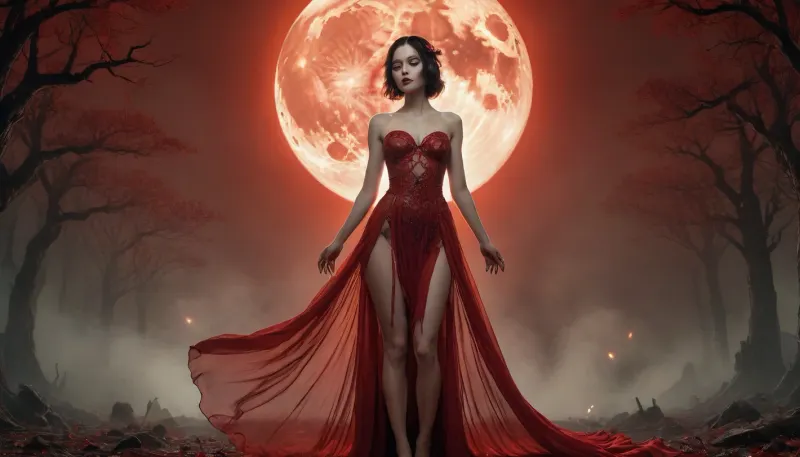 ((full body view)), ((wide angle view.)), anorexic, naked, Luxury magazine phtotography, Full_body_Beautiful_seductive_enchantress, highly detailed dress, blood moon, red glow, mist, eerie Gothic aesthetic, double exposure photography, backlit, hyperdetailed double exposure, Junji Ito, victo ngai, M.W. Kaluta, richard anderson, a masterpiece, 8k resolution, highly detailed and intricate, vogue style, great lighting