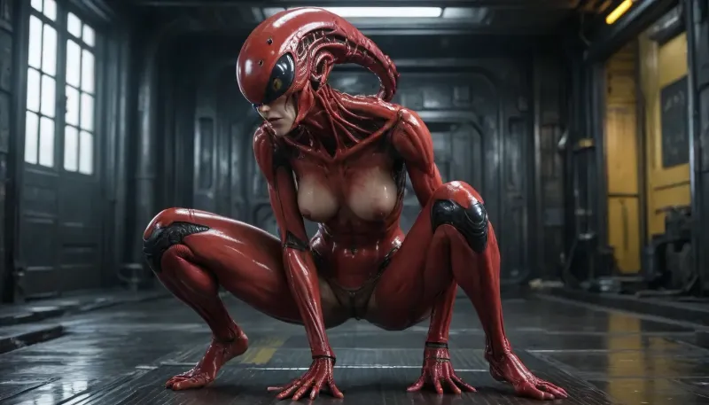 Xenomorph alien Girl, (human face, alien arms end leggs, tits and pussy naked, covered in oil, full Body visible), Doggystyle fucking Cyberpunk Android girl, cyberpunk Android girl, HAIR, (Red hair, Undercut), OUTFIT, (Cyborg mech suit, DARK Eyeliner, Long eyelashes), POSE, (squatting, feet together and knees apart), Xenomorph, <lora:Xenomorph v2:.8>, <lora:CyborgMechExosuit_v1.5:.3>