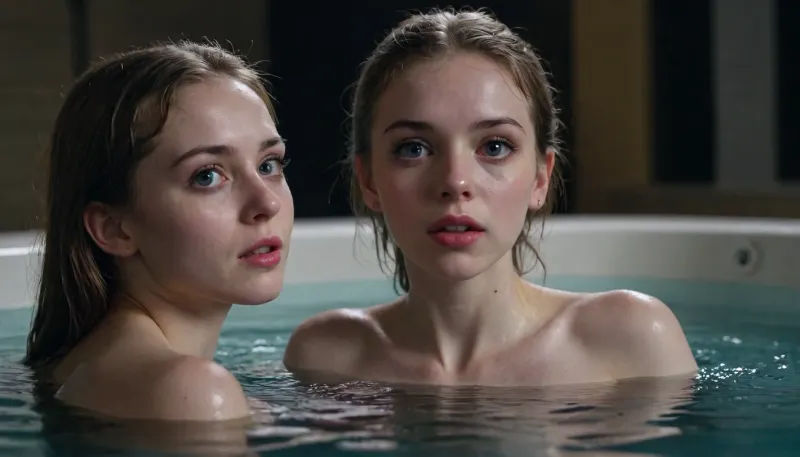 low angle. full shot. macrolens 18 year old slim, (((pale))), woman in a jacuzzi deep in the water, loud moaning, orgasm. only cute small ass peeking out of the water, lying on her side. very wet skin. darkest night, detailxl, <lora:MJ52_v2.0:.5>, perfecteyes, <lora:lora-sdxl-perfect-eyes:.5>