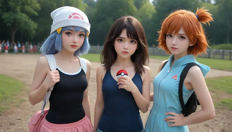 3 women, 1 woman Misty from Pokémon, Misty\, 1 woman Mai from Pokémon, Mai\, 1 woman dawn from Pokémon, dawn\, (pokemon\), all 3 women standing next to each other, Pokémon Arena, dawn_\, misty_\, poke_ball_\, Mai_\