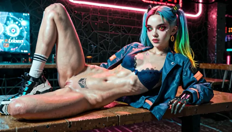 hyper detailed hyper realistic natural petite cutie, 18 years old beautiful model, (very slim), extremely gorgeous, lace stockings, knee socks with frills and ribbons, long very shapely legs, (visible shaved pussy), no panties, legs spread, legs apart, pussy visible, clip, (she is lying down on the table in the nightclub), perfect composition of lights and shadows, warm lights, the brightest image, crystal clear focus, (saturated colours:1.5), (small elastic breasts), small elastic breasts in a bra + T-shirt, (thin waist), ((cyber Glossy black + blue fabric long jacket + sweater)), masterpiece, best quality, (robotic cyber arm), (portrait view + close-up view), dark lighting, rebecca_in_Cyberpunk, aqua, twintails, long, hair, mechanical, eyes, ((red, sclera)), ((green, pupils)), open, jacket, black, bra, ((black, underwear)), neck, tattoo, stomach, leg, bare, legs, oversized, sports, shoes, starry, night, market