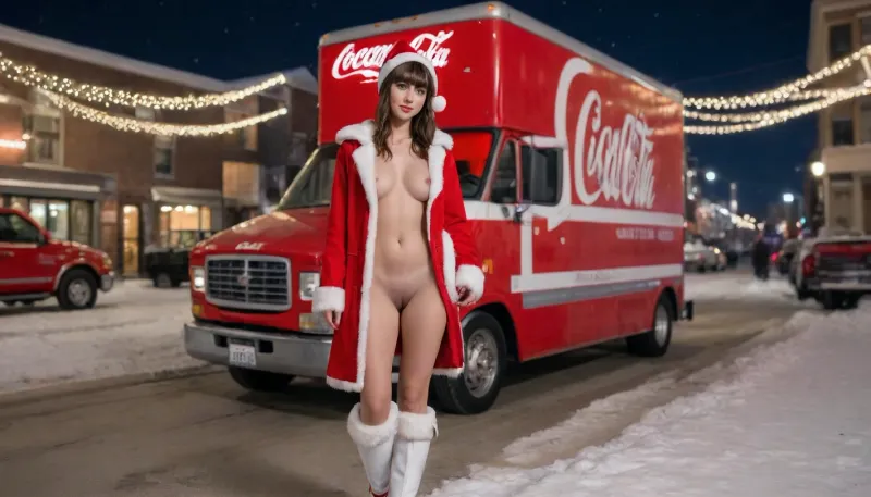 ((full body shot)), realistic v3, ((brunette with a fringe)), ((anorexic)), A tall, naked, brunette busty woman poses for a photo. She is wearing a Santa Claus hat, red open Santa Claus coat and white winter boots. In the background is a big Christmas red Coca Cola truck with many shining garlands. In a beautiful snowy town. Night time.