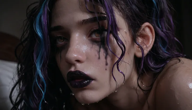 Score_9, score_8_up, score_7_up, (close-up of her face:1.5), (solo), (1girl), (long hair), (multicolored hair, (dark purple hair), (bright blue hair)), (twintails), (wavy hair), (messy hair), (wet hair:1.4), submissive, (incredibly busty bimbo:1.1), (engorged breasts), (gigantic tits), (saggy heavy boobs:1.2), (pointy breasts), (retrousse tits), (giant pale areolae:1.2), (nipple piercings), (bimbo slut makeup), (mascara running down her face), (incredibly long lashes), (bimbo lips), (black lipstick:1.2), (dark brown eyes), (super snatched waist), (pencil waist), (wasp waist), ((gigantic ass, big round ass, big bubble butt)), perfectly shaped ass, thighs together, (ribs visible), (wet skin), (shaved pussy), (white skin:1.1), (pale skin:1.5), (tan lines:.6), (perfect mouth), (perfect lips), perfecteyes, <lora:PerfectEyesXL:.8>, (black thigh-high platform boots), (black latex arm sleeves), (ruined makeup:1.4), (smudged lipstick smeared across face), (vacant expression:1.4), (fucked stupid, brainless), (laying on a bed, on one side, facing camera, profile), exhausted, tired, hair and makeup messy and disheveled, (cum running out of nose onto the bed:1.1), (cum running out of mouth onto the bed), (black walls), (gothic bedroom), (black bed, black sheets, black pillows), (blue and purple neon lighting:1.1), (bright neon lighting:1.2), HighRes Fix, ADetailer, Inpainting, Upscale, Photoshop, <lora:dark:.5>, <lora:315758_training_data:.8>