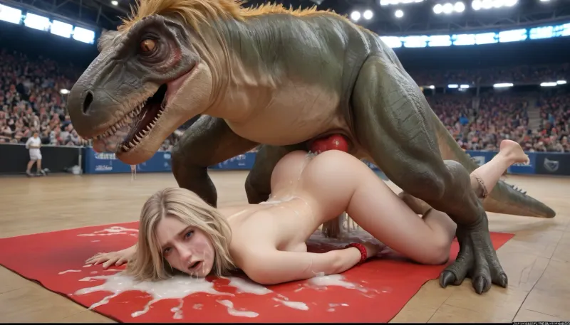 (Massive dinosaur defeated woman pale skin blonde hair woman:1.3), naked woman lying defeated on the mat, domination, total domination, rough bondage, rough sex, ridiculed, big crowd, zoo, anal sex, red knot, excessive cum, cum on face
