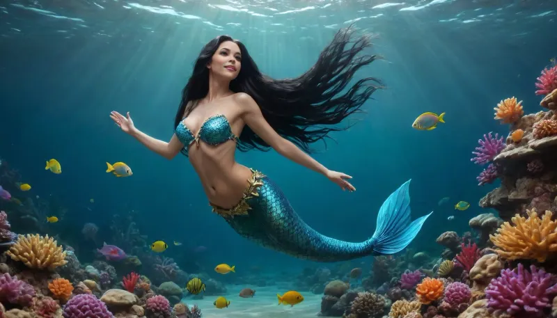very pretty somewhat mature mermaid with shimmering fish fins, rainbow-colored fins, big very firm breasts, very long black hair, a starfish adorns the very long hair, mermaid dives under the sea mirror between the colorful corals, (((floating in the sea))), smiles at you temptingly, spreads her arms to greet you