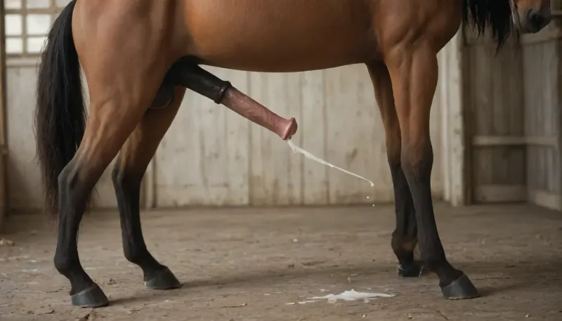 A well detailed wide angle image taken from the side of a stallion fully erect, horse, singular horse, image of a horse, body shot, full body shot, side on shot of a stallion aroused cock, horse with a horse penis fully aroused, large cumshot, a named woman under the horse