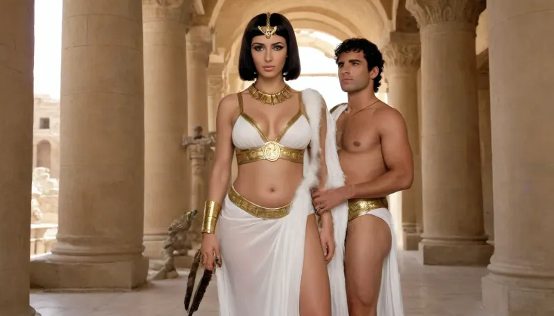 (1 woman+1 man only), Queen of ancient Egypt Cleopatra, incredibly beautiful woman 35 years old, long legs, thin waist, rounded hips, massive saggy breasts, black stripes gathered in a traditional Egyptian hairstyle, dressed in a long tight white semi-transparent dress on wide long straps, the dress begins under the breast, ((the breast is nude, nipples are covered by the britches of the dress)), dress kerasheno gold embroidery, ((opposite her stands a warrior in gilded armor of a Roman commander and a Roman helmet with feathers)), on the belt of the warrior hangs a gladius