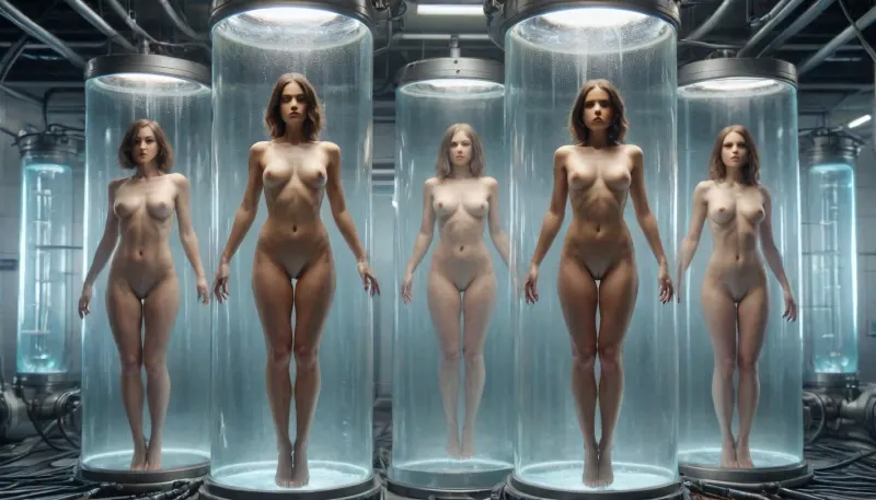 Containment : un spectacle de beauté suspendue dans le futur laboratoire flottant

- Oui.

Au cœur d'un laboratoire futuriste, des tubes colossaux et des cuves remplies de liquides étranges serpent à travers le sol. Les tuyaux, les cordons, les câbles et les produits chimiques tissent de façon complexe entre ces structures. Un portrait complet du corps capture plusieurs femmes nues suspendues dans de grands tubes de verre, leur corps contenu dans un fluide chatoyant. Le labo est plein de vie, un témoignage du potentiel infini de la science à cette époque.