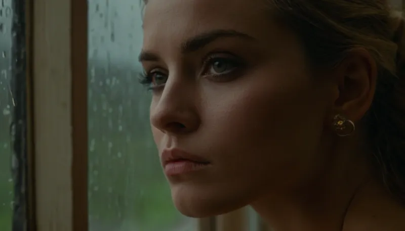 (profile portrait:1.1), (beautiful woman's face:1.3), (looking out of a, (rainy window:1.5)), (melancholy expression, pensive expression, introspection:1.4), (intense eye detail:1.4), (intricate eye details:1.4), (vivid eyes:1.5), (vibrant eyes:1.5), (beautiful long eyelashes:1.3), (detailed eyeliner:1.2), (dramatic lighting:1.4), (cinematic lighting:1.4), (short ash blond hair with dark roots:1.3), loose strands of hair, swept back hair style, (cool muted color palette:1.3), (sense of melancholy and introspection:1.5), (soft smooth skin tones:1.2), (shallow depth of field:1.5), (blurred background:1.2), professional color grading, (detailed skin:1.3), (detailed hair:1.3), (detailed eye:1.4), (limbal ring:1.4), (natural skin texture:1.3), (natural hair texture:1.3), (natural eye texture:1.3), vellus hairs, ziprealism