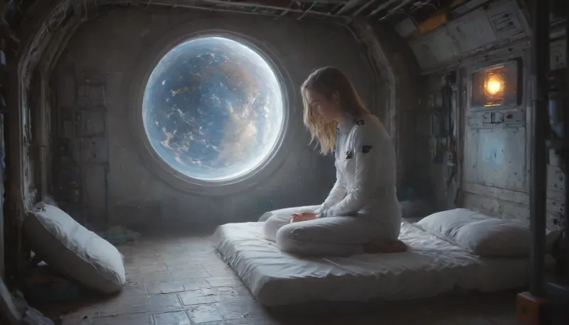 full body view, uniformed female Astronaut, solo, (50yo), float weightlessly in spaceship, perfect face, looking out of window, slender, athletic, blonde, Blue eyes, long hair, small breasts, (sweating:1.7), (wearing white space uniform:1.4), (opened space uniform jacket:.7), (wearing uniform), highly detailed futuristic bedroom on spaceship, LED lamps, low light, different screens, futuristic technic, (supernova outside window), cinematic, style, anchespaceroom, TIE, fighter, <lora:SDXLHighDetail_v6-000005:.5>, <lora:Anchespaceroom-V1:.8>, <lora:TIE fighter:.5>