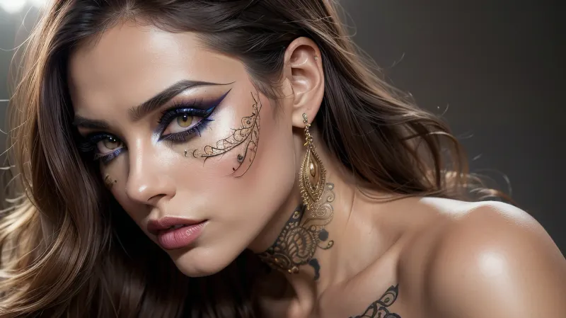 (photorealistic:1.3), (studio portrait:1.2), of a stunning young woman, (extreme close-up on face:1.1), wearing, (intense, vibrant, intricate, makeup:1.5), on eyes, cheeks, lips., (Strong backlighting:1.5), (dramatic rim light:1.4), (deep shadow:1.2), (face partially in shadow:1.4), (dark background, black backdrop), ., (Intense gaze:1.1), confident expression., (Cinematic lighting:1.2), (high detail:1.3), (sharp focus:1.2), (8k resolution:1.1), professional photography, professional color grading, RAW photo quality, Vogue cover