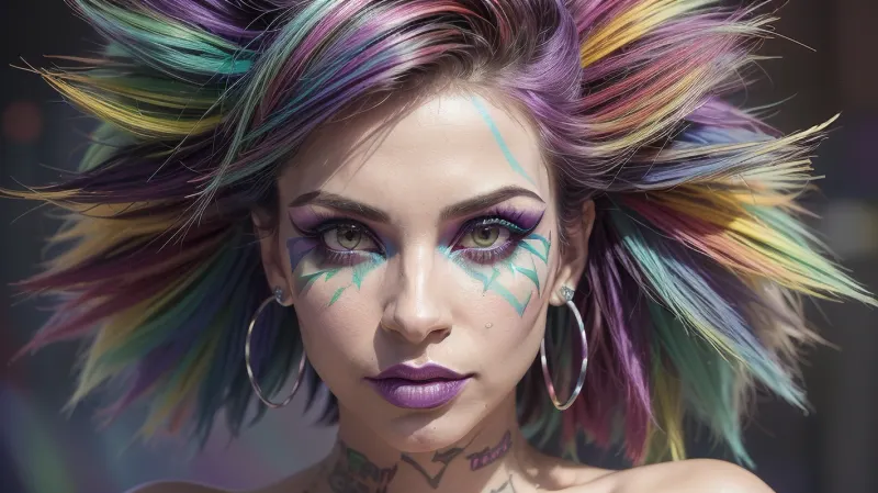 (avant-garde snapshot aesthetic, adorable girlfriends, group of girlfriends:1.6), (punk rock model, punk attitude, punk hair style, eye catching hairstyle, vibrant hair:1.5), (rainbow makeup, vibrant makeup, shimmering makeup, pride makeup:1.6), (focus on eyes, sharp focus on eyes:1.7), (detailed skin, maximum skin detail, detailed clothing:1.3), (natural skin texture, natural hair texture, vellus hairs, goosebumps:1.3), (vibrant and inspirational color palette:1.2), (shallow depth of field:1.4), (dramatic lighting:1.3), (blurred background:1.1), ziprealism, igbaddie