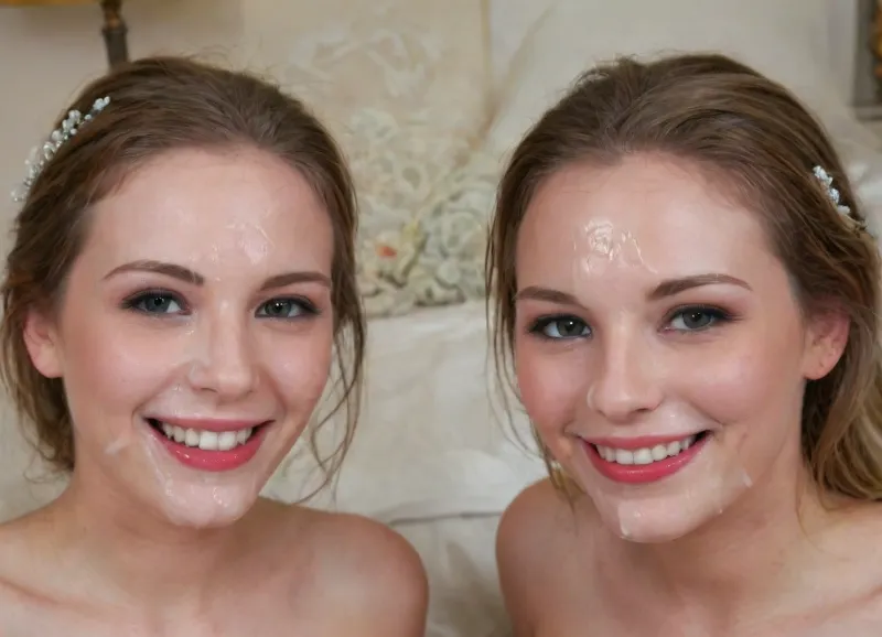 (closeup), (happy smile:1.1), duo twins brides, (lipstick:1.1), (facial:1.2), cum on face, <lora:Facials:.6>, <lora:JustCum:.6>