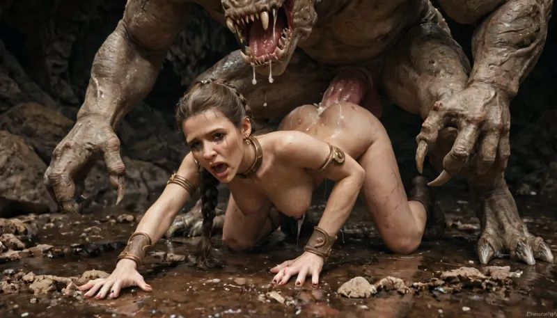Dark wet cave, dropping water, slimy, enormous cave, floor covered with shattered bones, fear, le_ia grabbed by rancor1024, (1.5), le_ia body covered with dirt, cum, bruises and clawmarks, rancor1024, fucking le_ia from behind, le_ia costume ripped apart, enormous monster cock in le_ia ass, ((monster claws tearing costume)), leia screaming from fear and lust, tits hanging out costume, monster, claws, sharp, teeth, le_ia, braid, ponytail, slave, leia, onarmor, meatshield, fannypacking, costume, double, <lora:onarmor_xl:.5>, <lora:leia - le_ia sdxl:.5>, <lora:Rancor1024:.5>