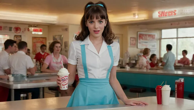 ((full body in shot)), ((brunette with a fringe)), ((anorexic)), woman, 50's waitress, in a 50's diner, Ginger, perfect eyes, long messy hair, perfect fingers, ((slim waist, slim hips, slim ass, Small Ass, Petite)), hourglass figure, skimpy turquoise uniform with white trim, white apron, seductive, (messy hair), (detailed clothing), (detailed background), Ad Americana Style, photograph, sharp focus, vintage advertisement, retro 1950's style, upskirt, ((holding a milkshake with whipped cream and a cherry)), Photorealistic, wide angle, braless, Wearing, clothes, that, make, sense, with, Braless>, <lora:bralessSDXL_v1_00022:.8>