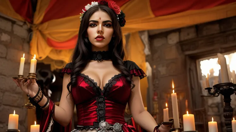 draw, Photorealistic, Very detailed, deep depth of field, ultra-high resolution, Sharpened, Parallax, Overexposure, Wide Angle, Paper Cutout, Dramatic red sunset with long shadows, A young, stunning, wild, seductive, coquettish, slender, [Mexican], woman with a very detailed face, She is wearing a La Muerta costume and a La Muerta face and is at a Mexican La Muerta festival, Mexican jewelry, She is performing an occult La Muerta ceremony in front of a old Mexican church in the Mexican desert with a skull, (She hold a scull), (sculls and candles stand on the floor), She have flat small breasts, natural soft shining skin, soft face and body, She plays romantically with her hair, (She is looking in any direction), (((Worm's-eye view))), (Face closeup)