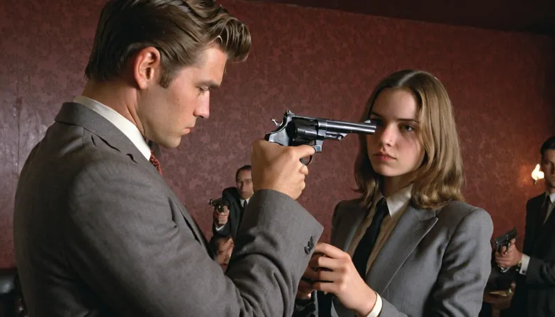 18 year old girl, skinny, in a club, looks shy, full body, the girl is aiming a revolver to the head of a man, the man wears a suit, the man is unarmed, (with, blushing, cheeks:1), <lora:Vintage_Polaroid:.5>, swm29, revolver, <lora:Smith__Wesson_Model_29_Revolver_SDXL:.8>