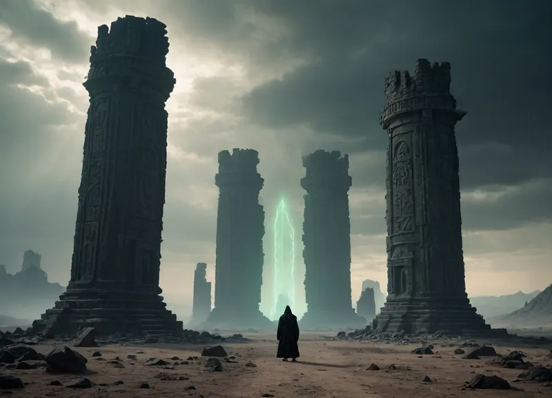 An abandoned temple in the desert, shrouded in fog and darkness, with cracks on the walls and glowing runes. In the center of the temple, a magical ritual is performed involving a black-robed figure holding a crystal with pulsing energy. The temple is surrounded by a dead desert of ancient machinery and half-buried statues. In the background, you can see the silhouettes of huge ruined towers, and the sky is covered with ominous greenish clouds. Ghostly dragons or spirits hover in the air, lighting up the scene with a cold glow. Cinematic lighting, high detail, dark fantasy aesthetics, symbolism of destruction and magic.