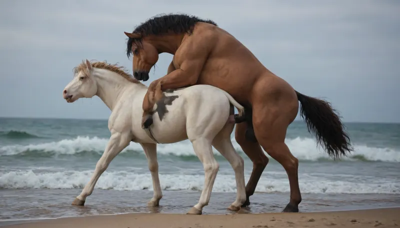 A dark brown stallion, his muscles rippling beneath his glossy coat, stands on a sunny beach, the waves crashing gently in the background. His powerful body is a testament to his strength and virility. Beside him, a white mare, her coat shining like fresh snow, waits, her tail swishing gently, her breath visible in the salty air. Her eyes are soft, and she looks at the stallion with a mix of submission and anticipation.

The stallion approaches her from the side, his massive, engorged cock swinging gently, a dark brown contrast to her pure white coat. He nudges her gently, and she responds by moving her hind legs apart slightly, giving him access.

Now, the stallion begins to move, his powerful hind legs driving his cock deep into her. The mare matches his rhythm, her body moving in sync with his, her breathing quickening. The stallion's muscles tense and release with each powerful thrust, his cock glistening with her wetness. The sun glints off their sweaty coats, highlighting the raw, primal nature of their mating.
