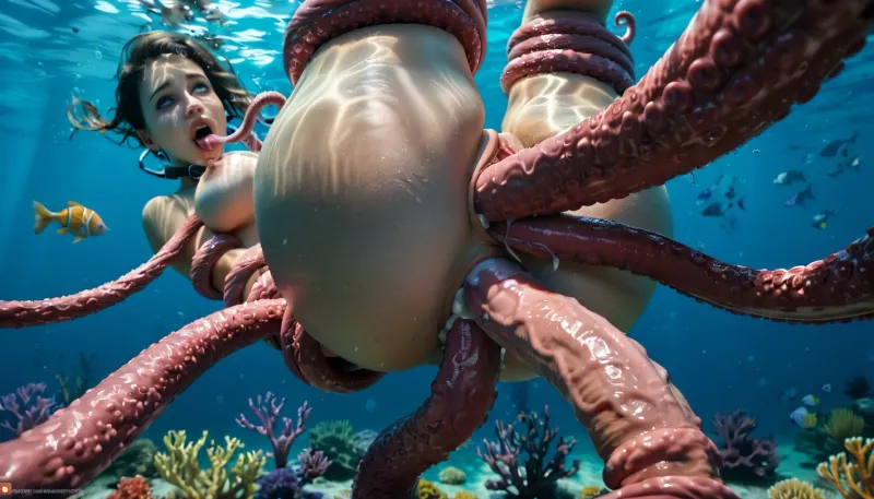 High-definition, 20 meters underwater, (1man, half-octopus man with very many tentacle arms but the torso of a man and a huge cock:1.3), (floating above the seafloor in zero gravity), (1woman, large, breasts, a helpless and beautiful female scuba diver wearing a full-face scuba mask over her eyes and a one-piece swimsuit), (dive knife has fallen from her hand and an empty sheath is strapped to her thigh:1.1), (the monster is mounting her and impregnating her with its tentacles:1.3), (multicolored tentacles), (doggy sex position), (full-face scuba mask:1.4), (air bubbles leaving her mouth:1.4), (orgasm face:1.4), (ahegao:1.1), (double penetration:1.3), (tentacles in pussy), (tentacles in ass), (tentacles wrapped around her body:1.4), (deep underwater:1.3), (lots of fish:1), (detailed face and eyes:1.3), (facing viewer:1.3), (close-up view of face:1.2), (precum:1.2)