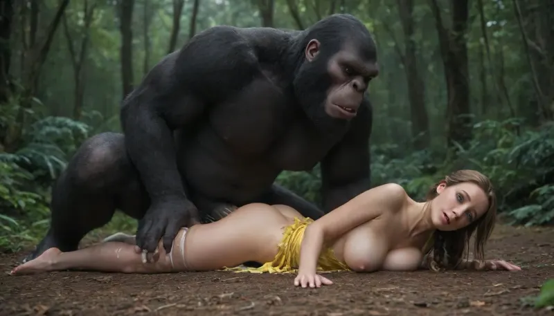 disney art style, voluptuous luscious pale cutie, (jane porter from tarzan:1.3), with long pink and green twin braids, big violet eyes, lean waist, fucked prone bone, (enormous male gorilla monster:1.3), huge giant male, puffy nipples, ripped yellow dress, exposed breasts, torn stockings, (aggressive thrusting motion action lines:1.2), excessive skindentation, overflowing with cum, fucked on jungle floor in a rainforest background, sideview dynamic angle, full body, at night, moonlight, volumetric lighting, cel shading, highly detailed, realistic, full body view