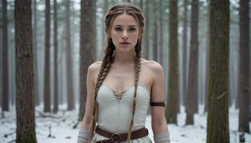 A 24-year-old woman in a gloomy winter forest, dressed only in a tight-fitting jumpsuit made of natural materials, (woven fibers or tanned leather), and a thick animal skin thrown around her neck. Her extremely long white dreadlocks are arranged in an intricate hairstyle with braids and bone beads. She wears thigh-high boots with thick soles, worn and practical. The setting is a bleak, frost-covered forest, dead trees with icicles, faint lights like the Aurora borealis in a smog-covered sky, and a light snowfall. She has her back to the viewer, turns her head to look cautiously over her shoulder, tense but calm, a simple wooden bow in her hand. No cyberpunk elements-focus on rough, organic textures, (rough skin, fluffy fur, cracked wood), and muted colors, (cream, brown, ashen), . -gray, with pale \, snowy contrasts. Style, harsh realism with a touch of pristine beauty in a decaying world.