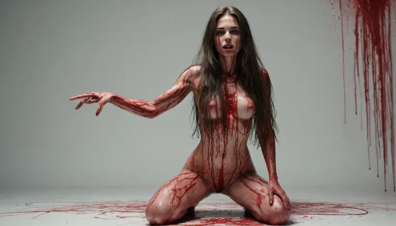 image of a coquettish woman with very long hair, blood, sculpted out of candy, human bodies intertwined, scribbled lines, surrender, polychromatic, anthropomorphic, humanoid, she looks to side, in the blackbox, ((weightless)), (she kneels), (((She points at the viewer)))
