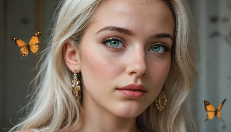 Photo, 8k portrait of a beautiful cyborg with White hair, green eyes fading to gold, closeup of the eys only, intricate, elegant, highly detailed, majestic, digital photography, art by Artgerm and Ruan Jia and Greg Rutkowski, surreal painting, golden butterfly, filigree, broken glass, (masterpiece, side light, finely detailed beautiful eyes:1.2), HDR, realistic, high resolution, <lora:add-detail-xl:-1>, <lora:DetailedEyes_V3:.8>